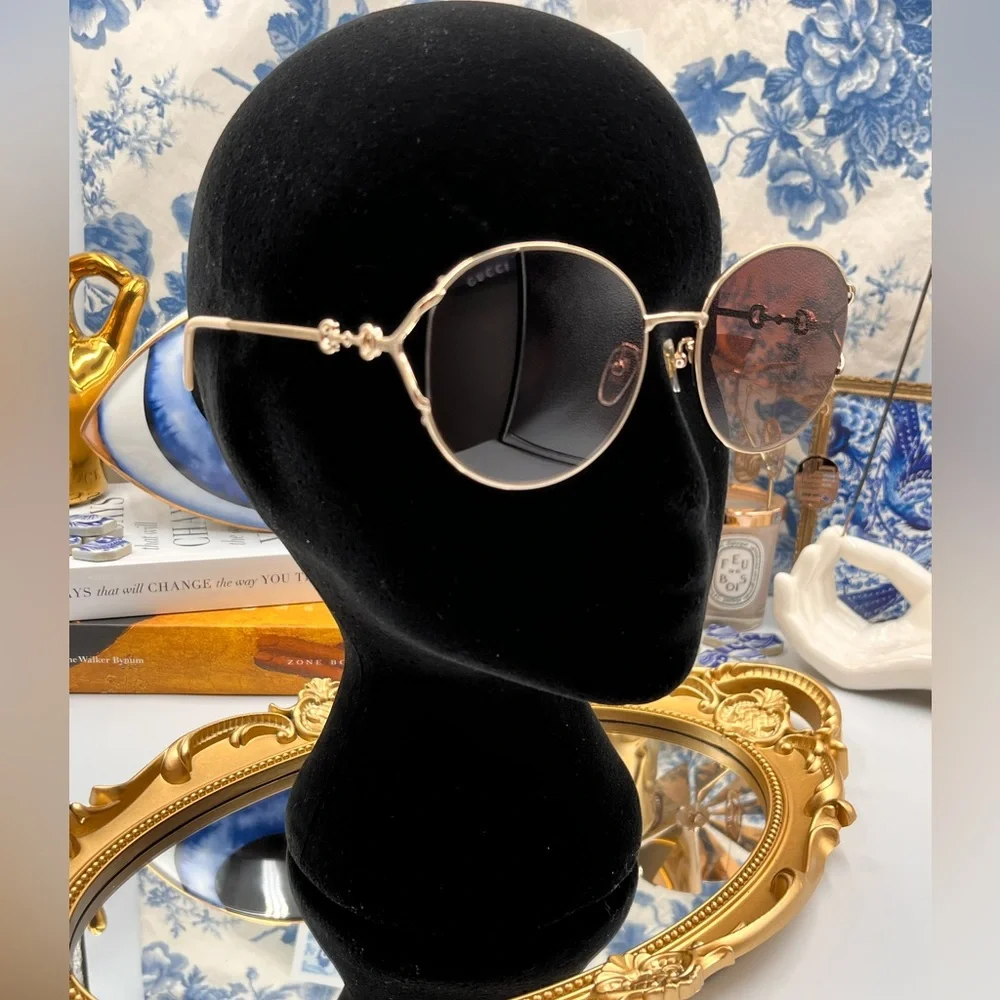 🆕 GUCCI 🧿 NWOT GG1017 Light Gold Metal Rimmed Round Sunglasses Brown Gradient - Picture 10 of 16